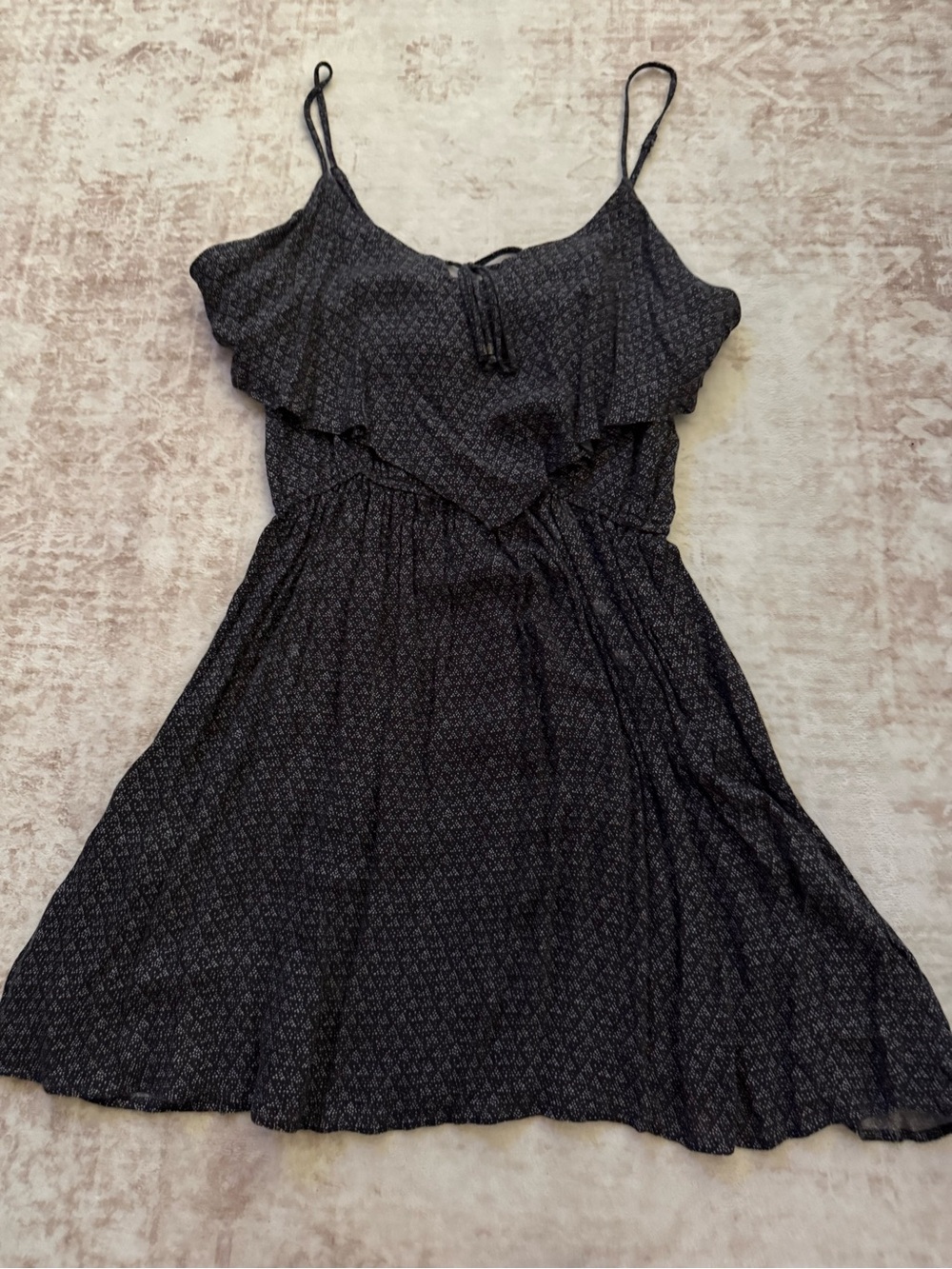 American Eagle Outfitters Black Patterned Ruffle Spaghetti-Strap Mini Dress